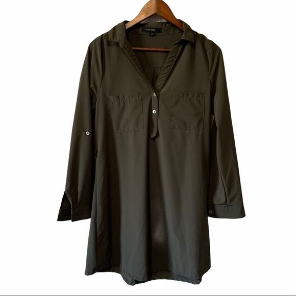 Love Tree Olive green long sleeve V-neck Shirt Dress Roll tab sleeves pockets L - Picture 1 of 10